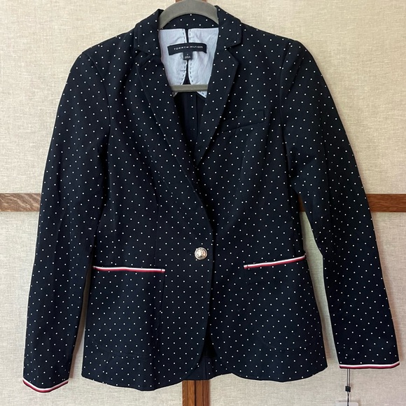 Tommy Hilfiger Women's Navy Polka Dot Blazer Red and White Ribbon Accent NWT - 2 - Picture 1 of 13
